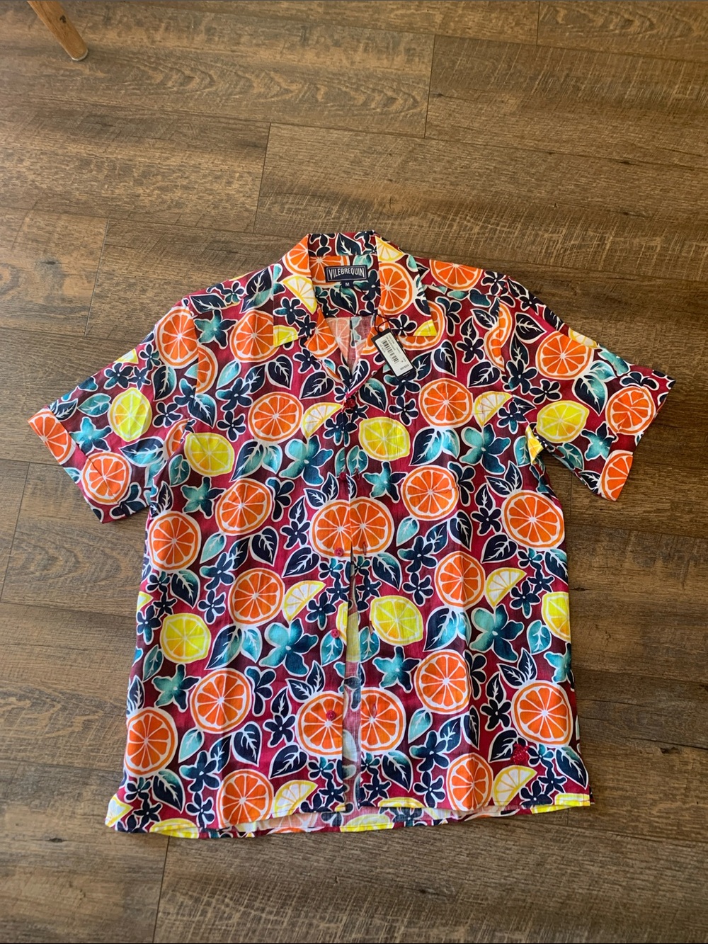 NWT VILEBREQUIN Men’s Orange, Yellow & Navy Citrus Print Short-Sleeve Shirt med